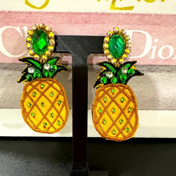 Handmade Pineapple Earrings Embroidered Yellow Green Crystal Statement Dangles - Picture 1 of 3
